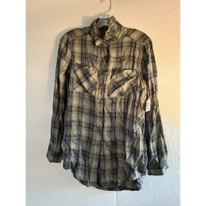 BP. Button Up Shirt Womens XS Green Plaid Long Sleeve Sheer Tunic Top Olive